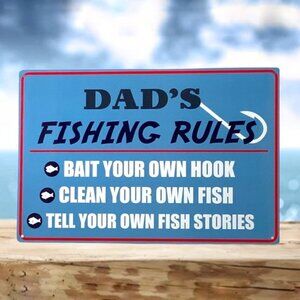 Metal Sign Dad’s Fishing Rules Wall Plaque Retro Vintage Style Coastal Nnautical